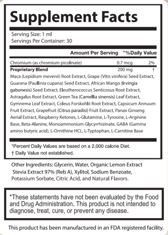 Photograph of the Olivaro Supplement Facts panel from the maker's label artwork
